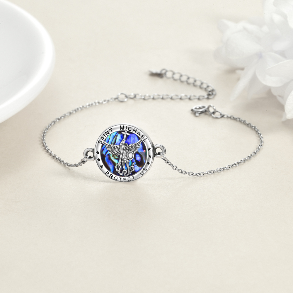 Sterling Silver Abalone Shellfish Saint Christopher Charm Bracelet with Engraved Word-4