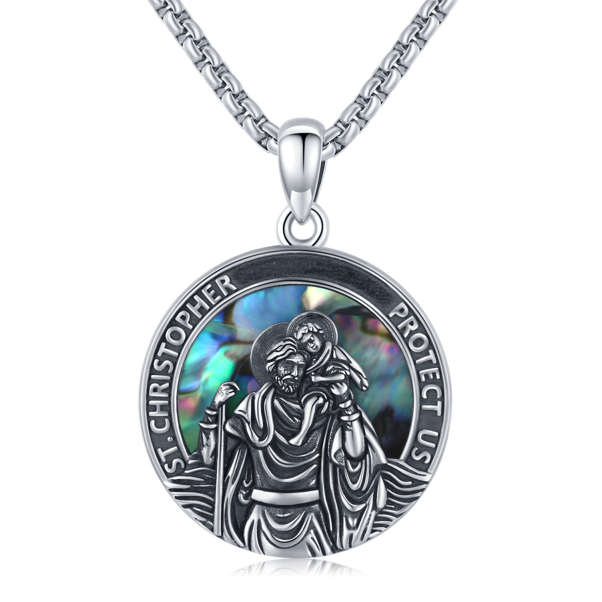 Collana con ciondolo San Cristoforo in argento sterling con crostacei Abalone e parola incisa per uomo-1