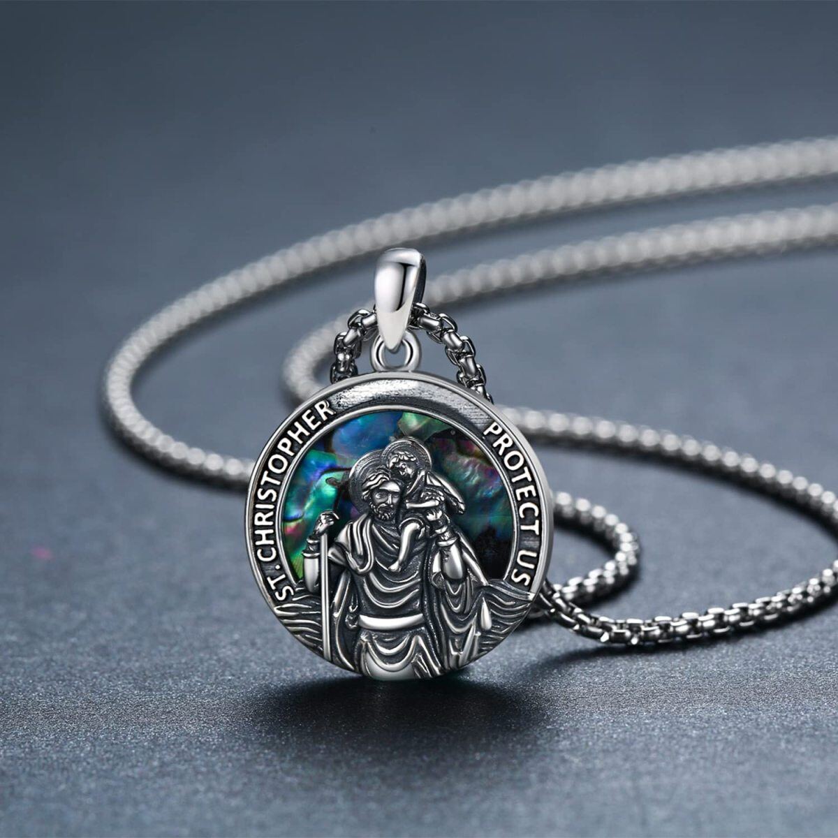 Sterling Silber Abalone Muscheln Saint Christopher Anhänger Halskette mit eingraviertem Wo-4