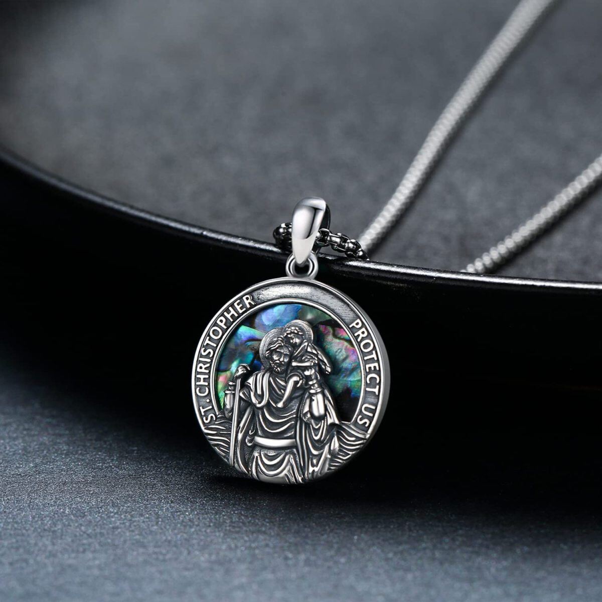 Sterling Silber Abalone Muscheln Saint Christopher Anhänger Halskette mit eingraviertem Wo-5