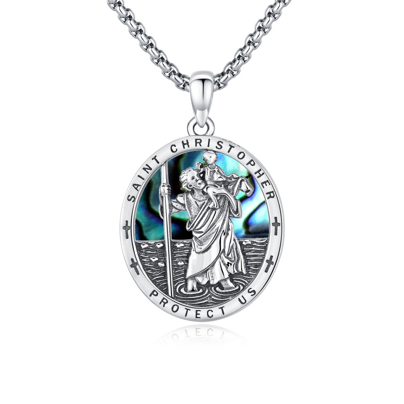 Collana con ciondolo San Cristoforo in argento sterling con crostacei Abalone e parola incisa-6