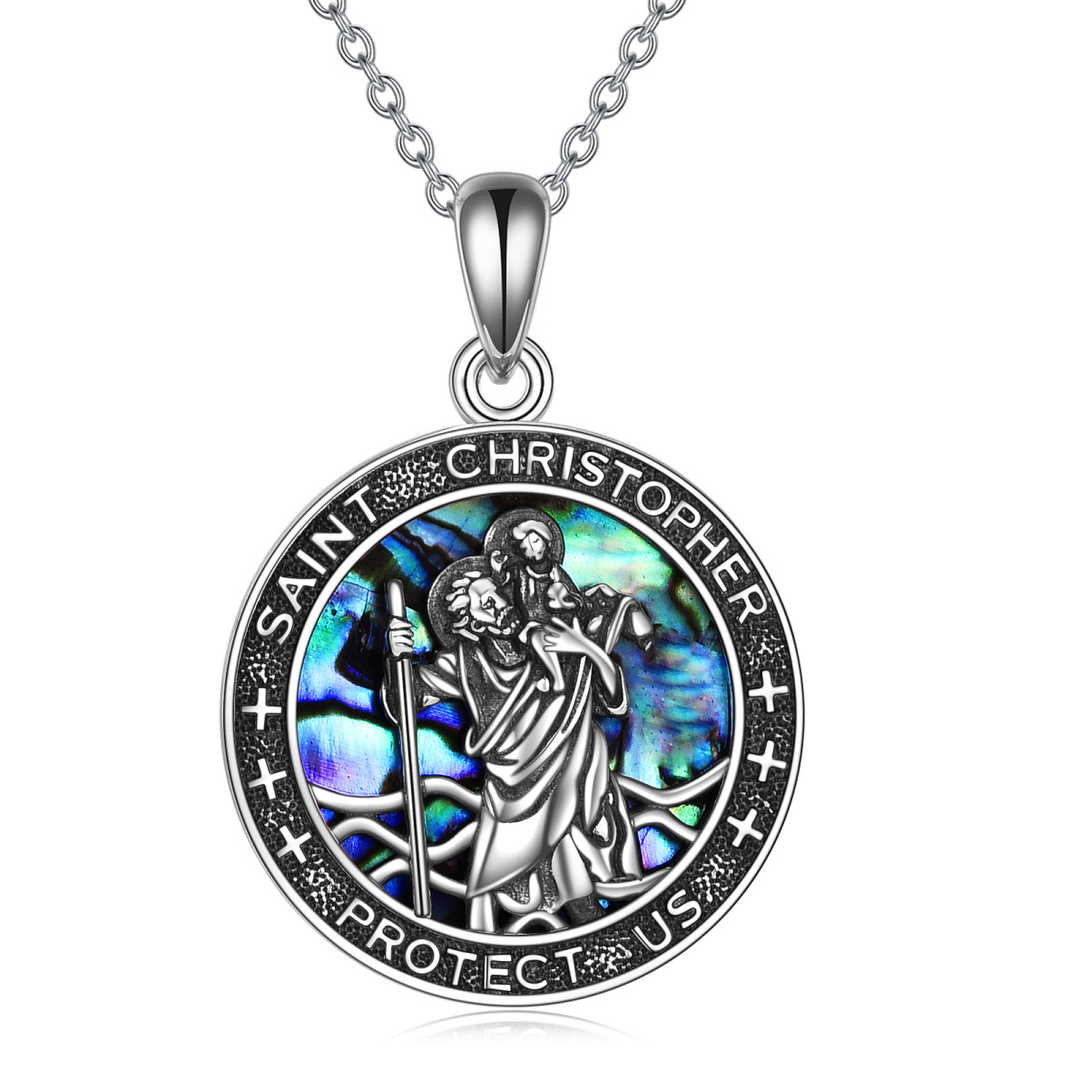 Sterling Silver Abalone Shellfish Saint Christopher Pendant Necklace for Unisex-1