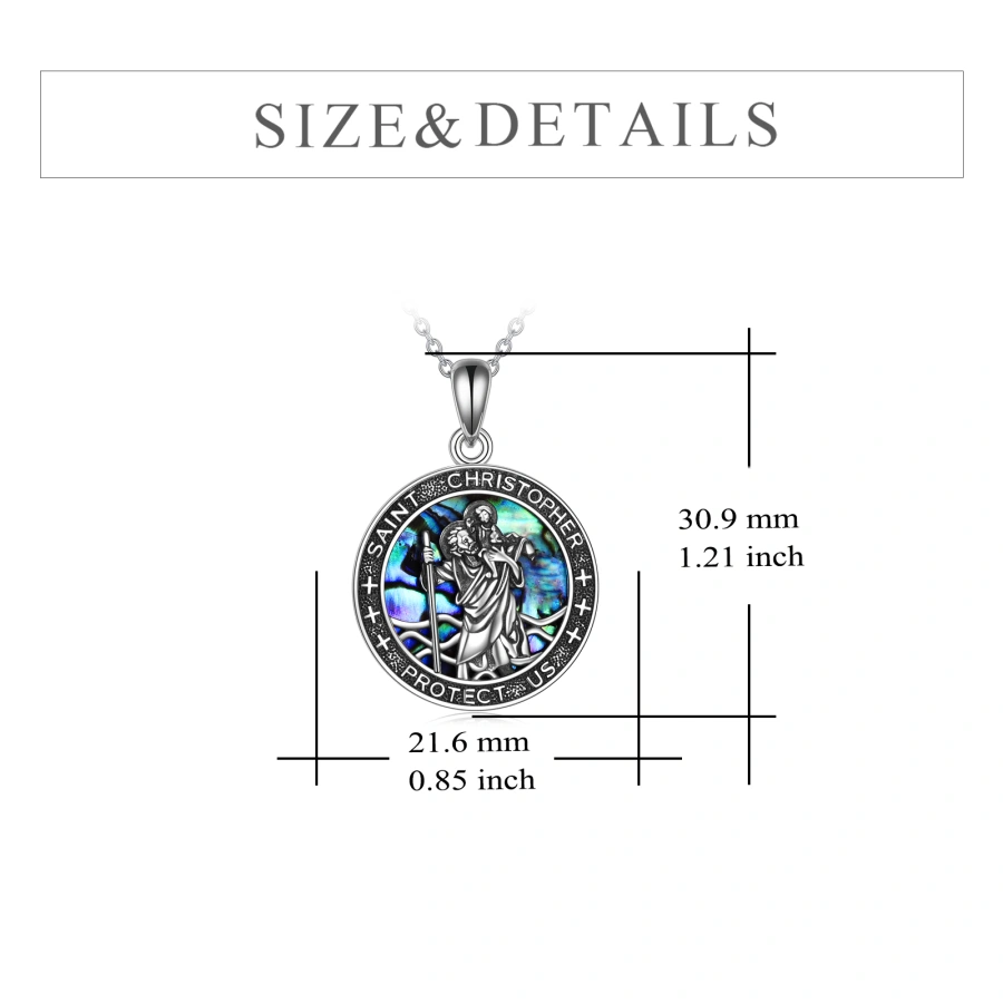 Sterling Silver Abalone Shellfish Saint Christopher Pendant Necklace for Unisex-5