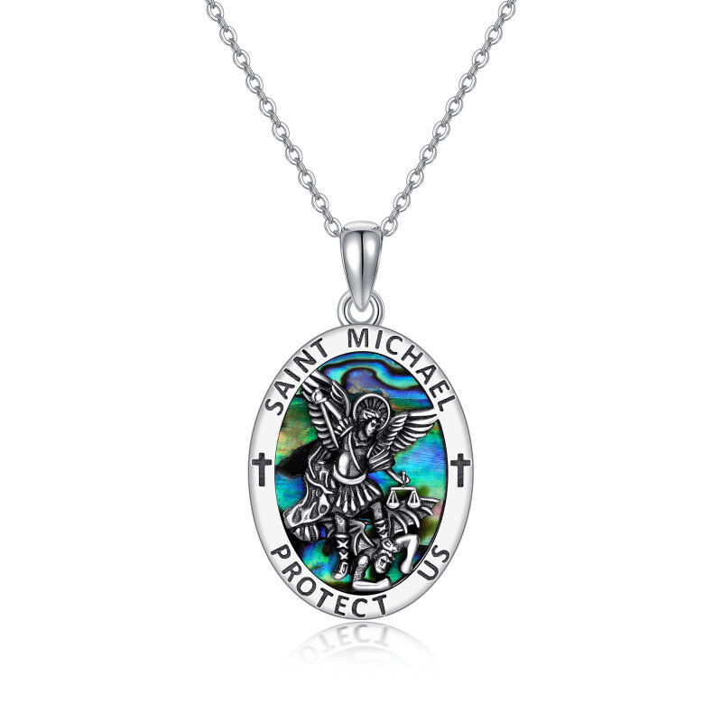 Sterling Silver Abalone Shellfish Saint Michael Pendant Necklace with Engraved Word-20