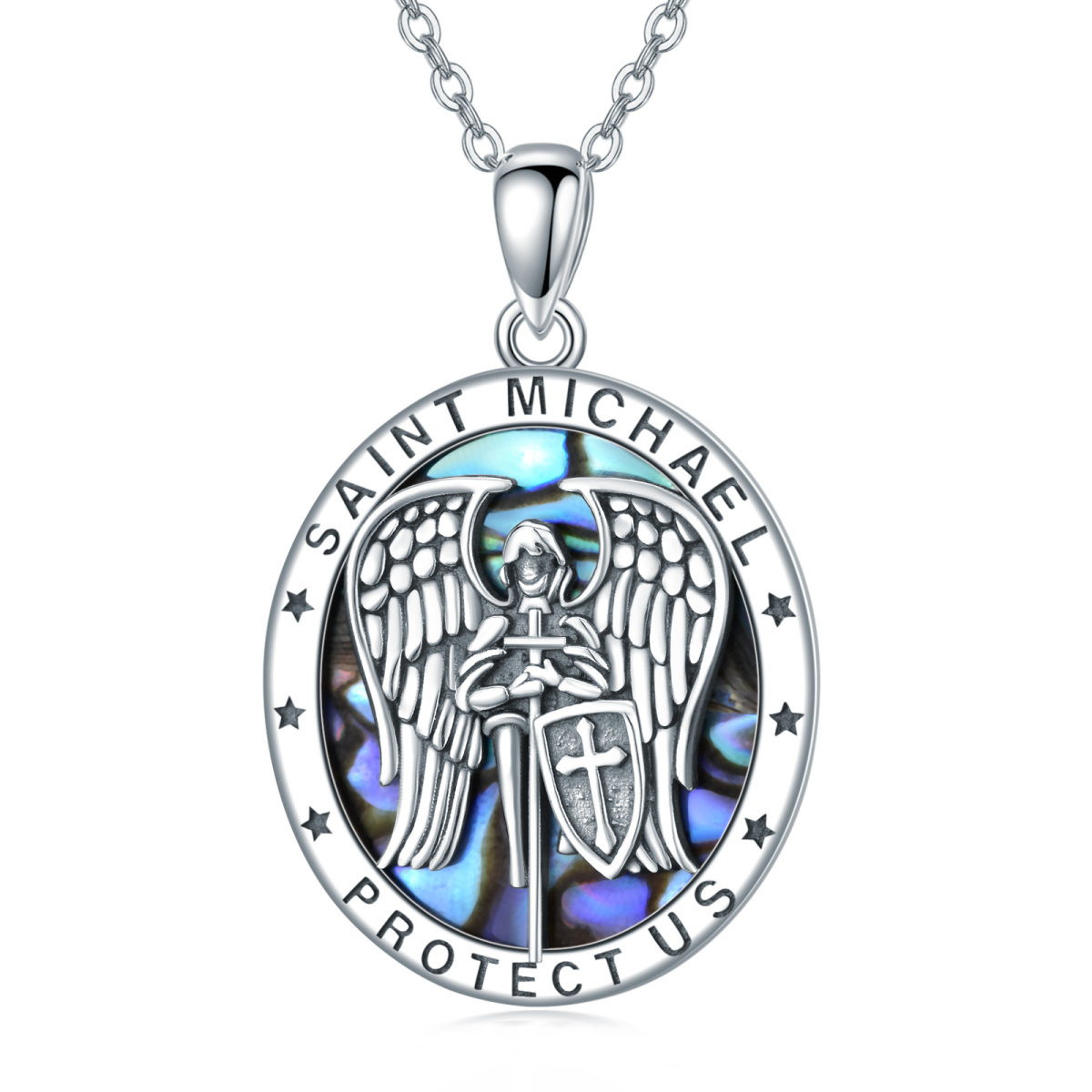 Sterling Silver Abalone Shellfish Saint Michael Pendant Necklace-1