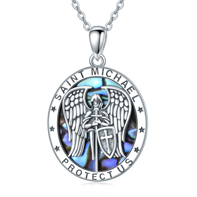 Sterling Silver Abalone Shellfish Saint Michael Pendant Necklace-3