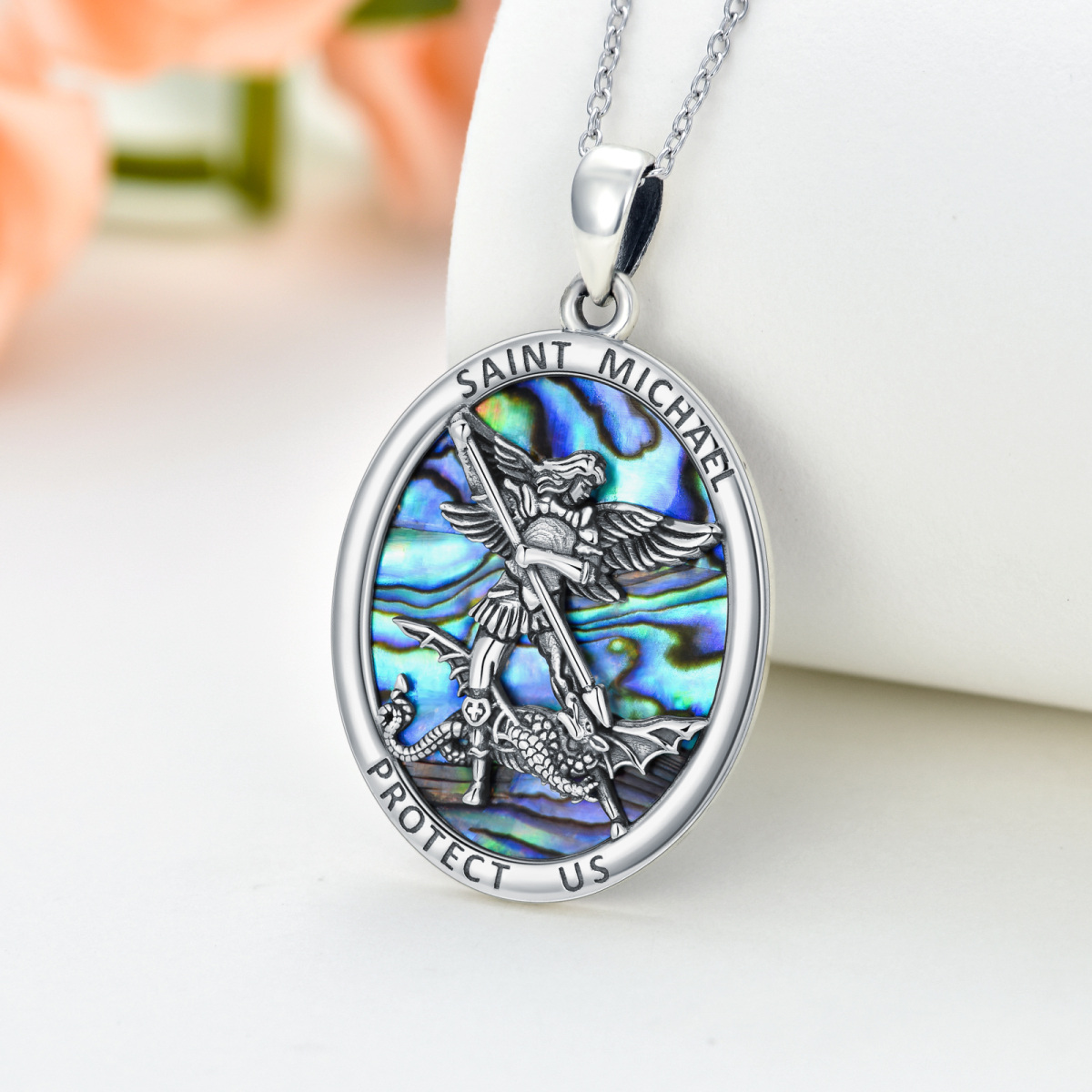 Sterling Silver Abalone Shellfish Saint Michael Pendant Necklace for Women-4