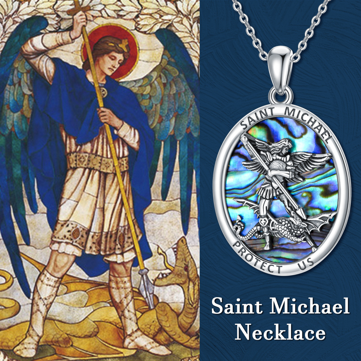 Sterling Silver Abalone Shellfish Saint Michael Pendant Necklace for Women-6