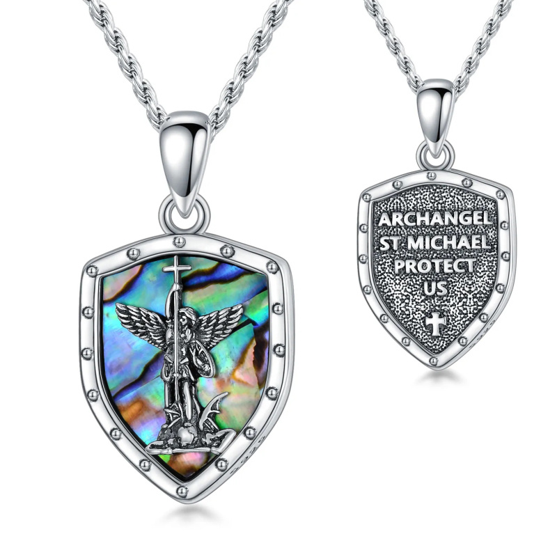 Sterling Silver Abalone Shellfish Saint Michael Shield Pendant Necklace with Engraving Words-3