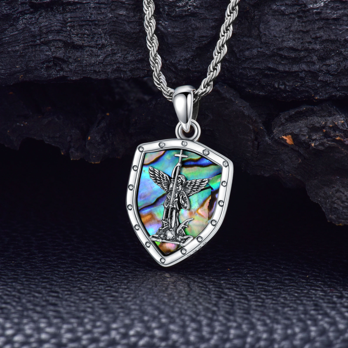 Sterling Silver Abalone Shellfish Saint Michael Shield Pendant Necklace with Engraving Words-3