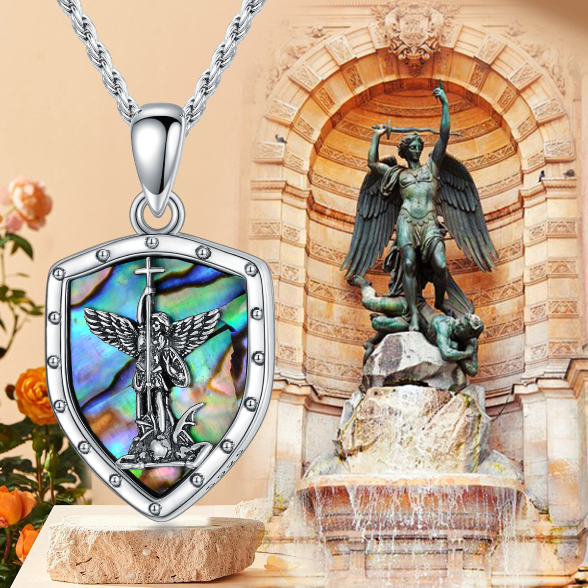 Collier en argent sterling Abalone Shellfish Saint Michael Shield Pendant Necklace with Engraving Words-6