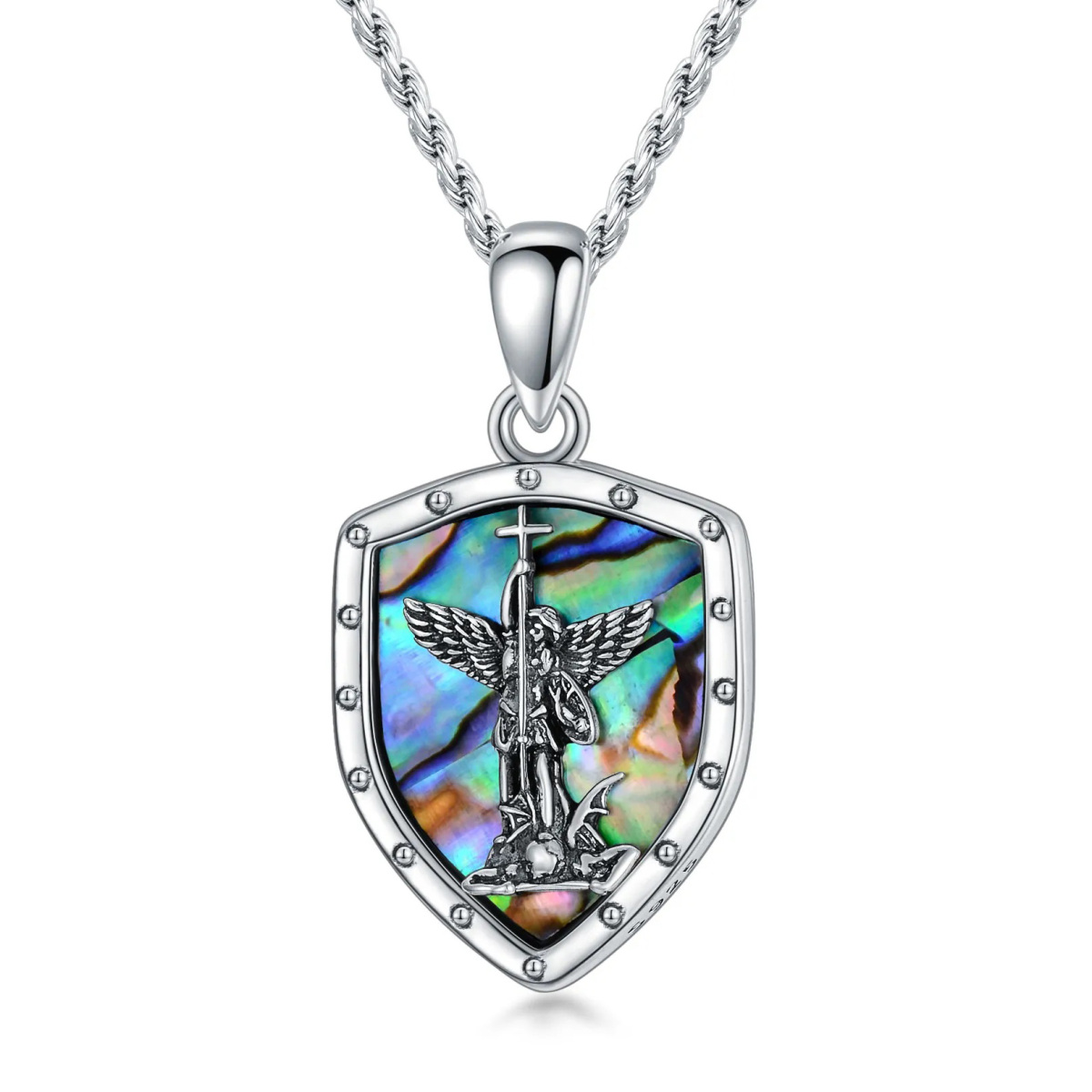 Collier en argent sterling Abalone Shellfish Saint Michael Shield Pendant Necklace with Engraving Words-7