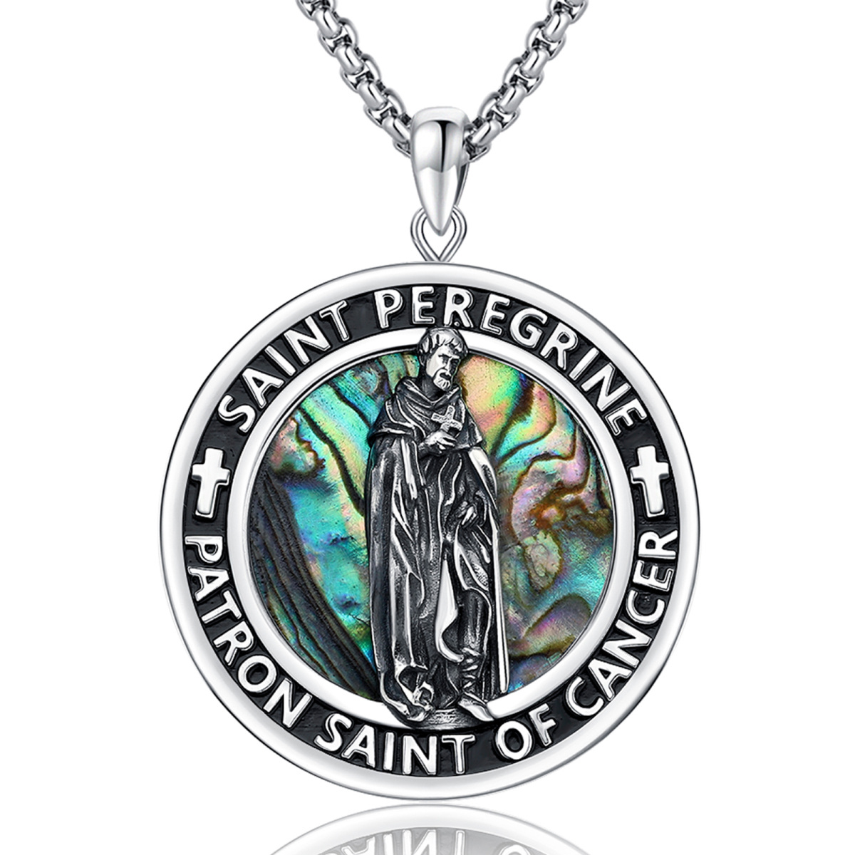 Sterling Silver Abalone Shellfish Saint Peregrine Pendant Necklace with Engraved Word for Men-1