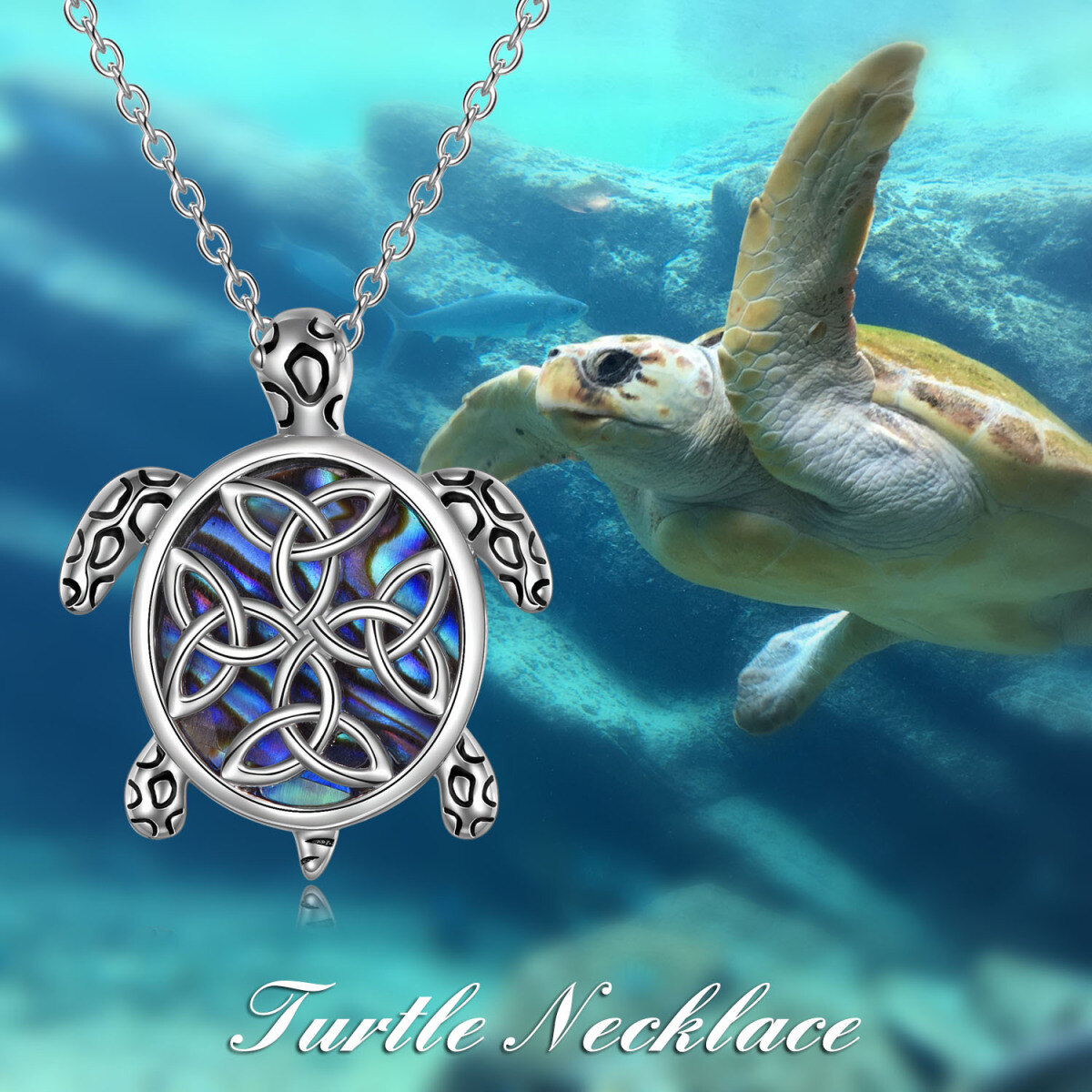 Sterling Silver Abalone Shellfish Sea Turtle & Celtic Knot Pendant Necklace-3