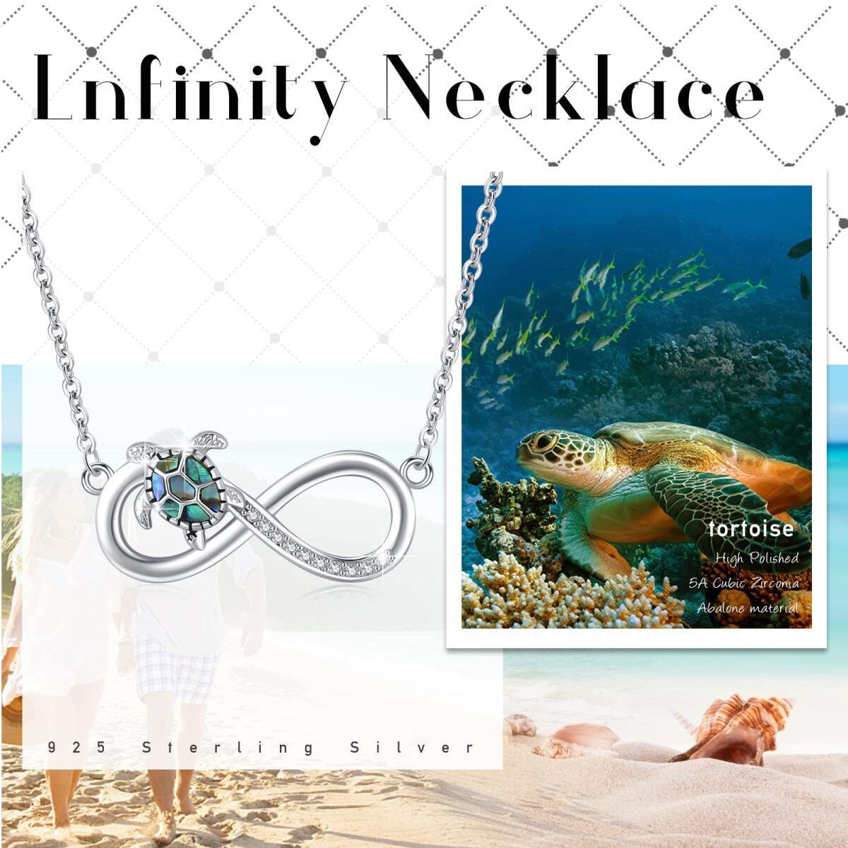 Collier avec pendentif en forme de tortue de mer et de coquillages d'ormeau en argent sterling avec symbole infini pour femme-5