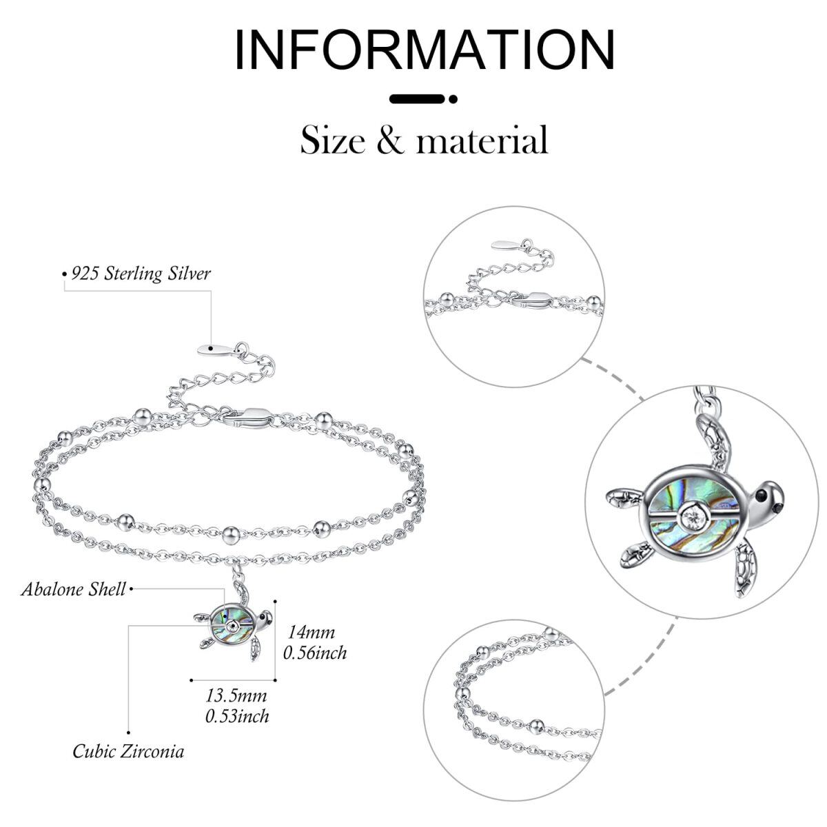 Sterling Silber Abalone Muscheln Meeresschildkröte Mehrschichtige Fußkettchen-5