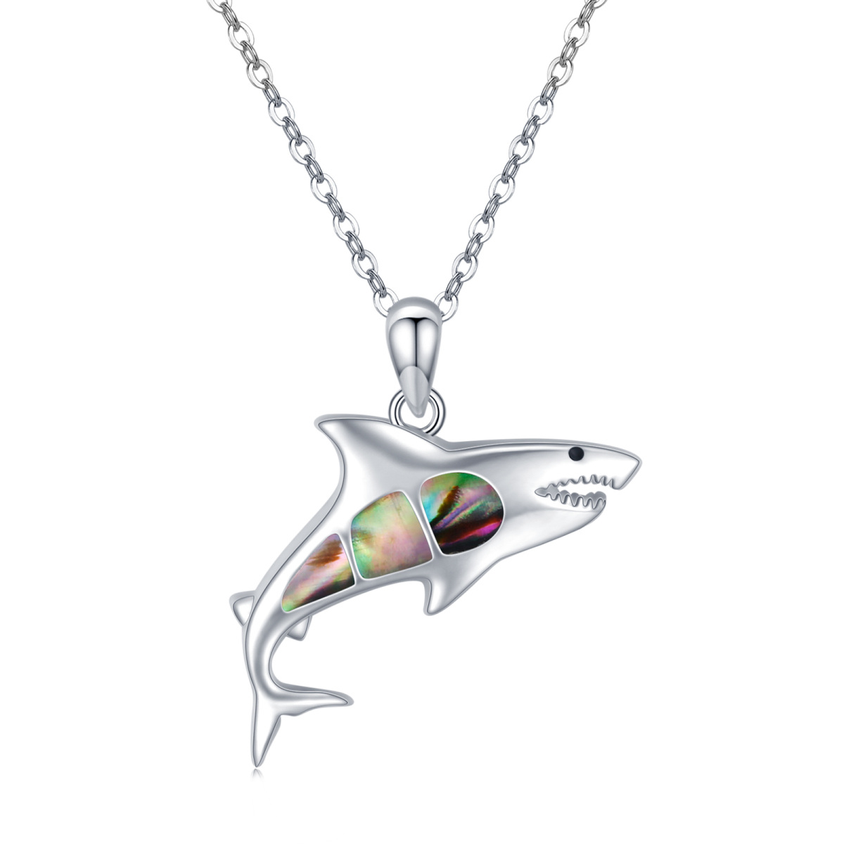 Sterling Silver Abalone Shellfish Shark Pendant Necklace-1