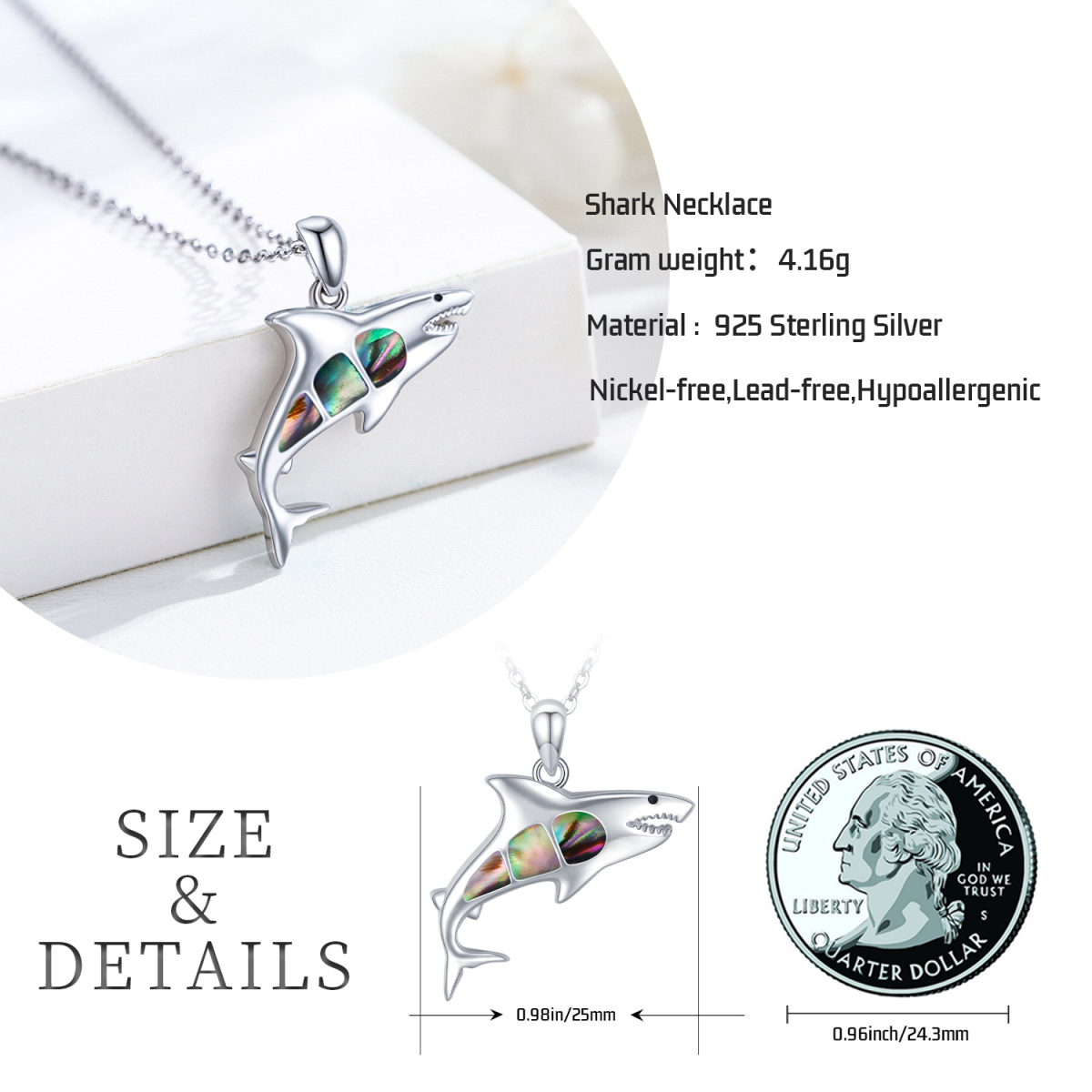 Sterling Silver Abalone Shellfish Shark Pendant Necklace-6