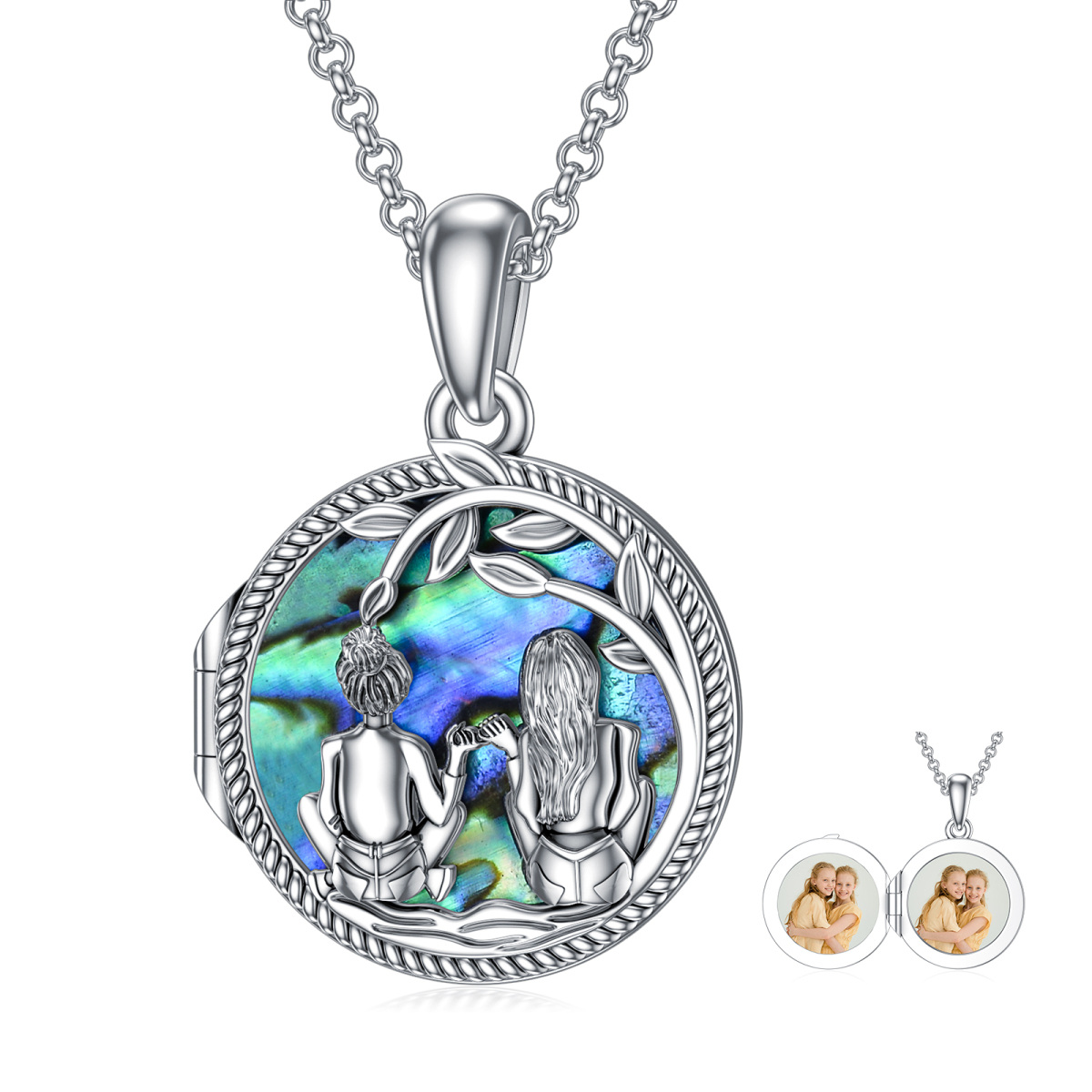 Sterling zilveren Abalone schelpdieren zussen gepersonaliseerde foto zakje ketting met gegraveerd woord