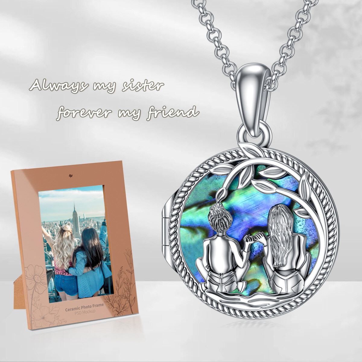 Prata esterlina Abalone Shellfish Sisters Colar com foto medalhão personalizado com palavr-6