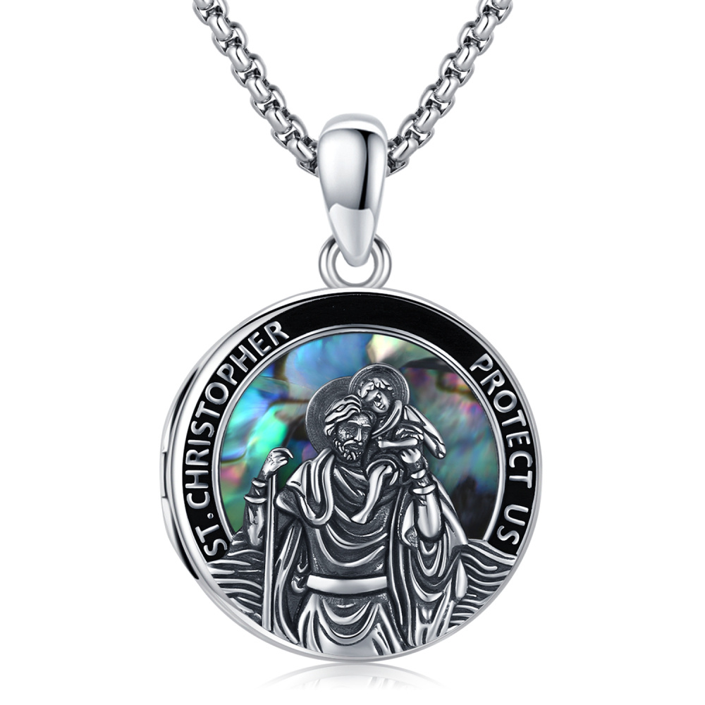 Sterling Silber Abalone Muschel St. Christopher Foto personalisierte Foto Medaillon Halskette mit eingraviertem Wort-1