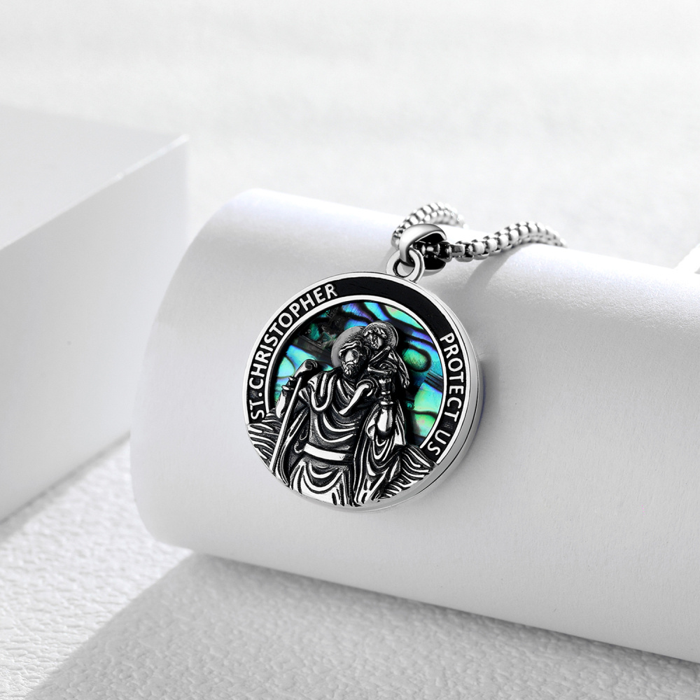 Sterling Silber Abalone Muschel St. Christopher Foto personalisierte Foto Medaillon Halskette mit eingraviertem Wort-3