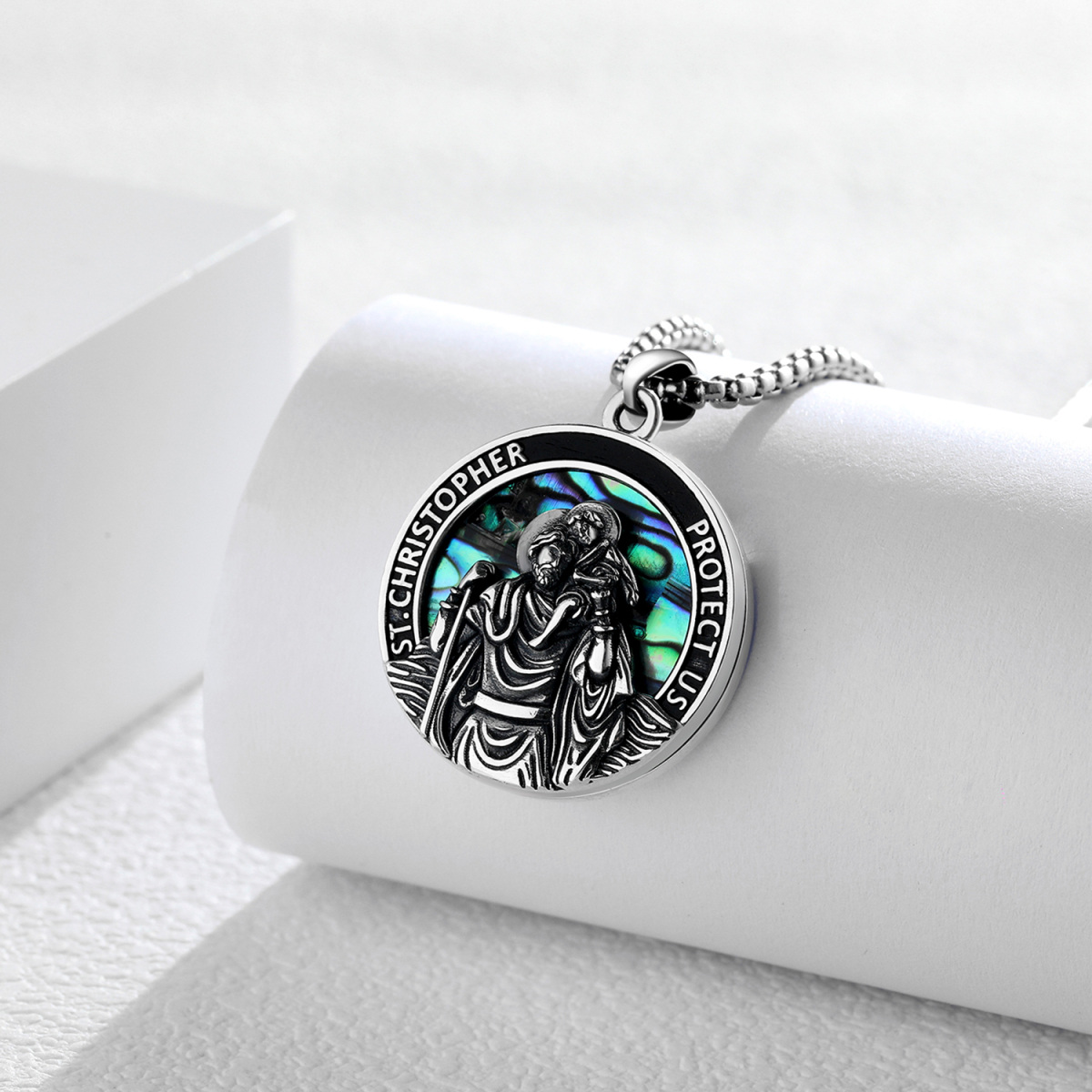 Sterling Silver Abalone Shellfish St. Christopher Photo Personalised Photo Locket Necklace With Engraved Word-3