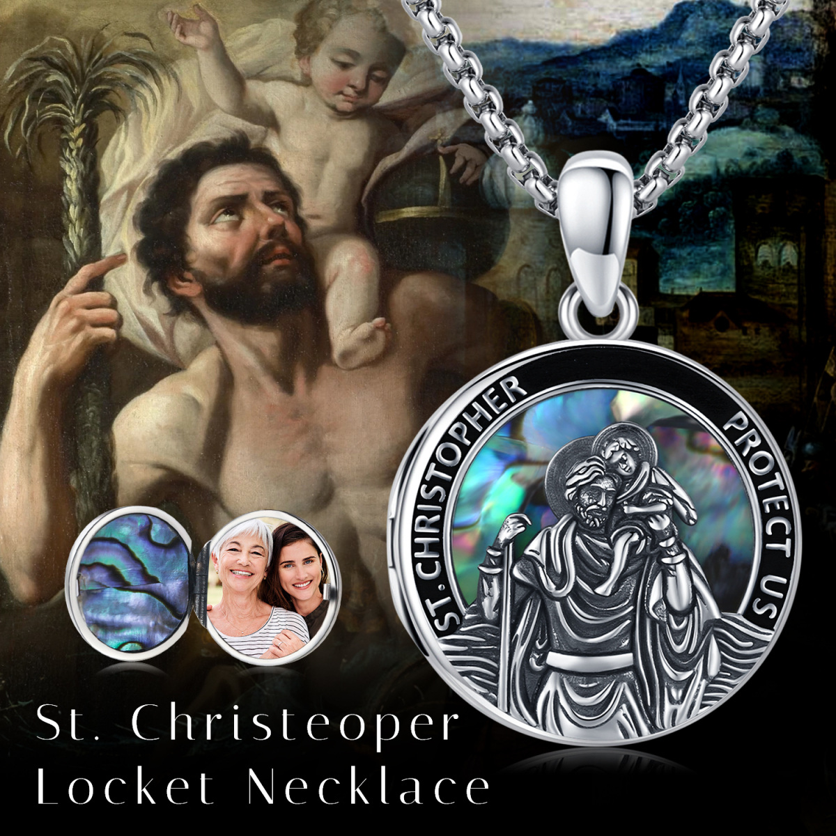 Sterling Silver Abalone Shellfish St. Christopher Photo Personalised Photo Locket Necklace With Engraved Word-6