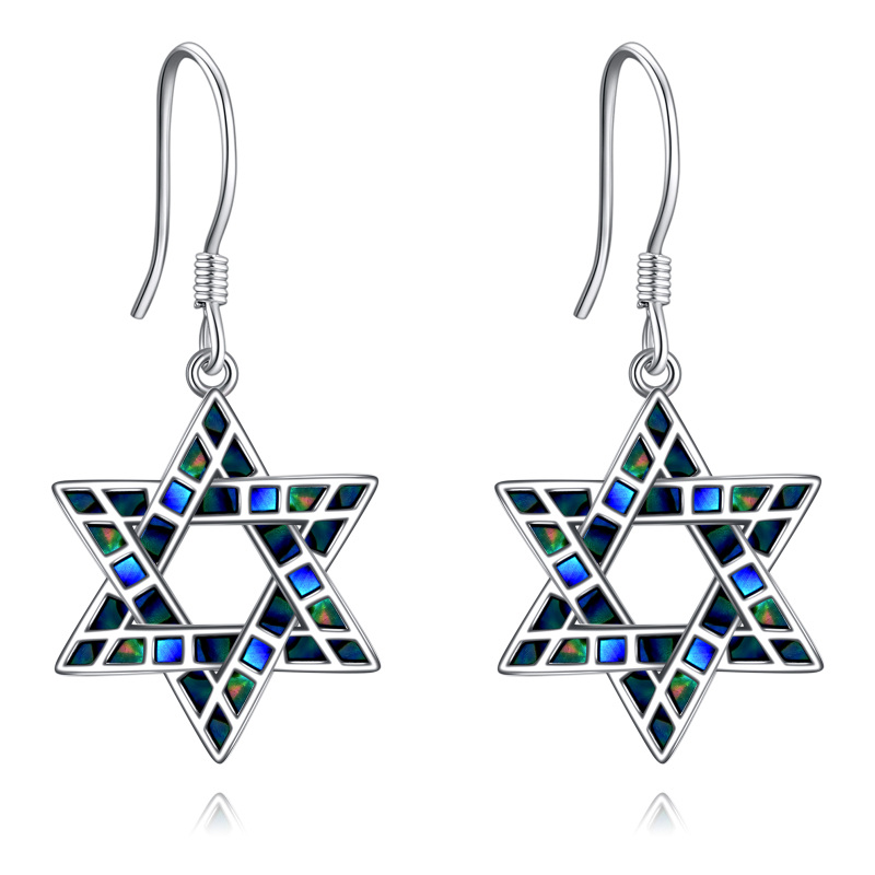 Sterling Silver Abalone Shellfish Star Of David Drop Earrings-1