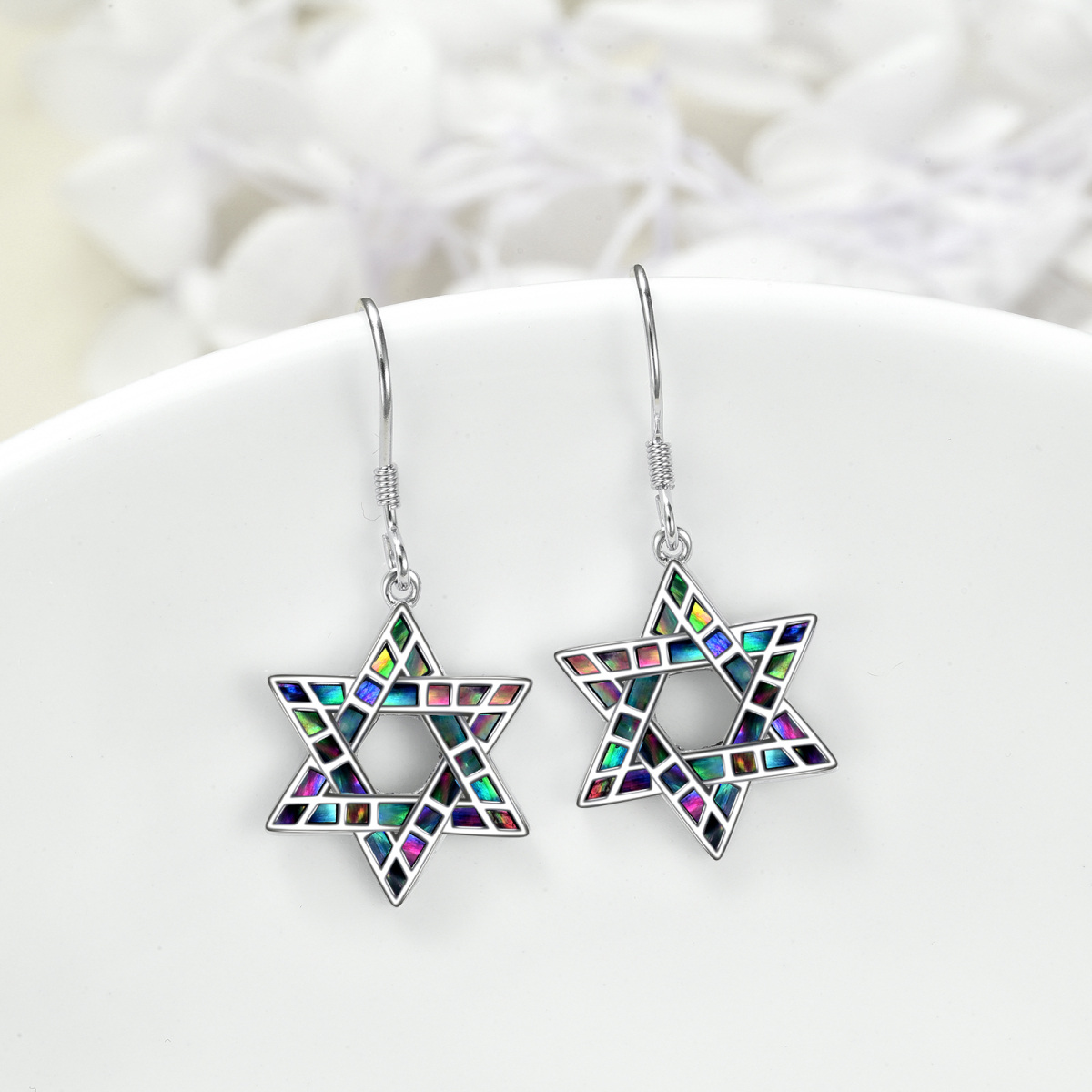 Sterling Silver Abalone Shellfish Star Of David Drop Earrings-3