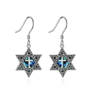 Sterling Silver Abalone Shellfish Star Of David Drop Earrings-1