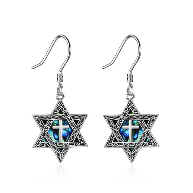 Sterling Silver Abalone Shellfish Star Of David Drop Earrings-1