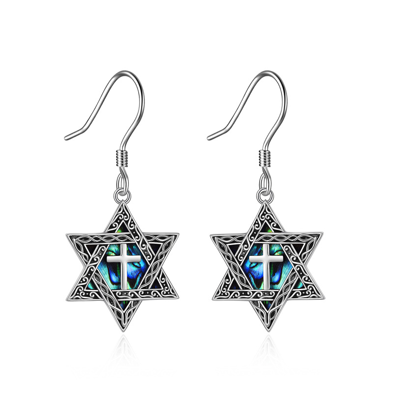 Sterling Silver Abalone Shellfish Star Of David Drop Earrings-9