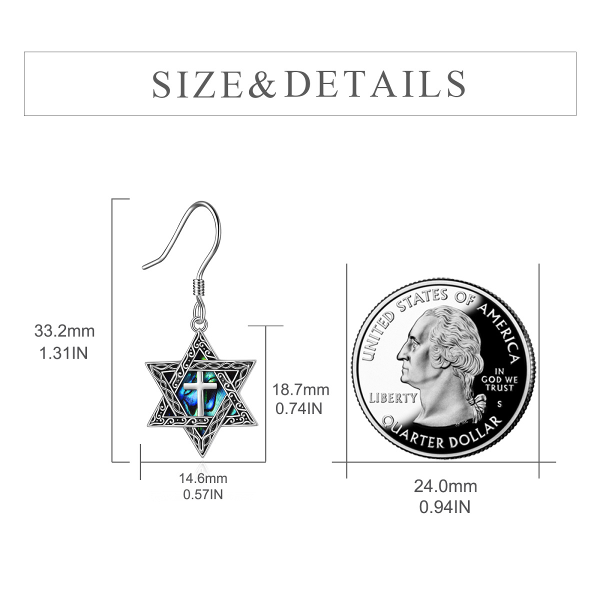 Sterling Silver Abalone Shellfish Star Of David Drop Earrings-5