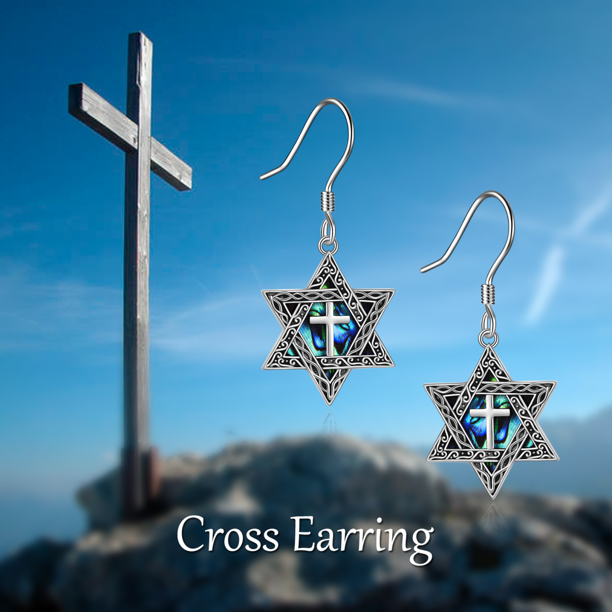 Sterling Silver Abalone Shellfish Star Of David Drop Earrings-6