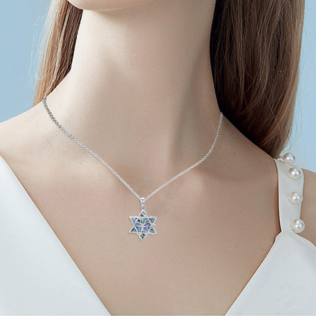 Sterling Silver Abalone Shellfish Star Of David Tree Of Life Pendant Necklace For Women-3