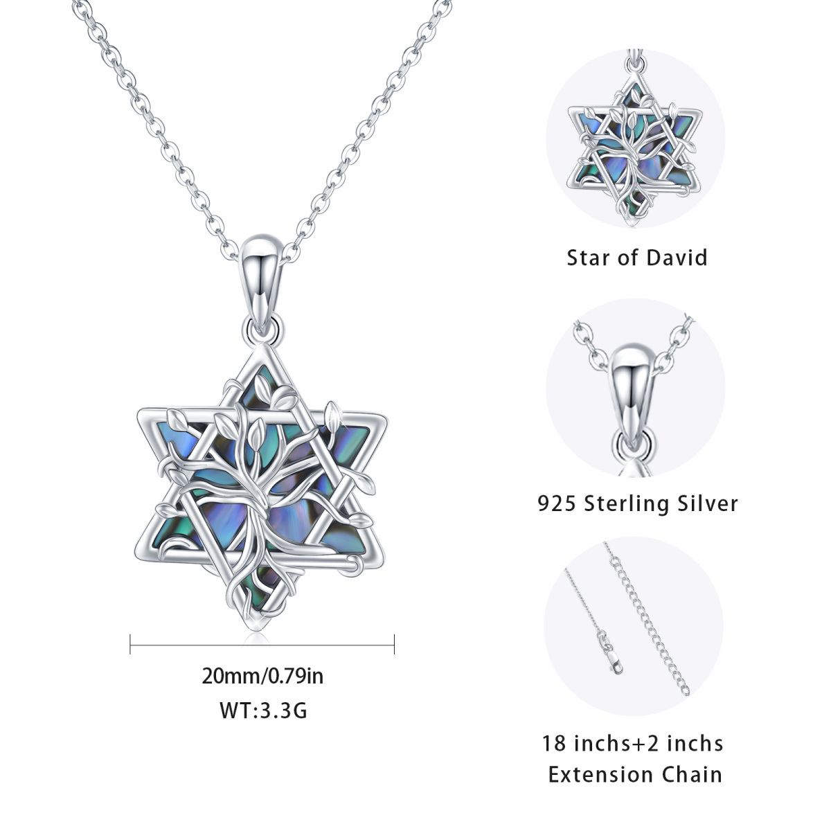 Sterling Silver Abalone Shellfish Star Of David Tree Of Life Pendant Necklace For Women-5