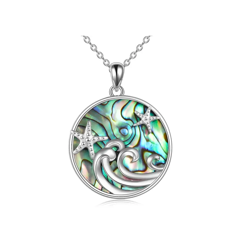 Sterling Silver Abalone Shellfish Starfish & Spray Pendant Necklace-1