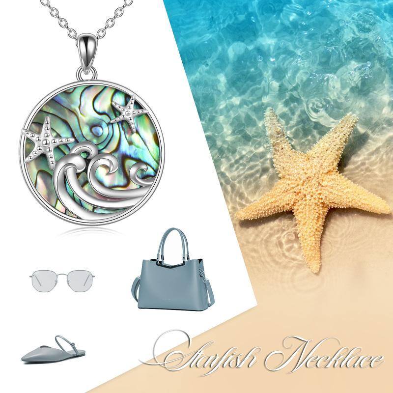 Sterling Silver Abalone Shellfish Starfish & Spray Pendant Necklace-3