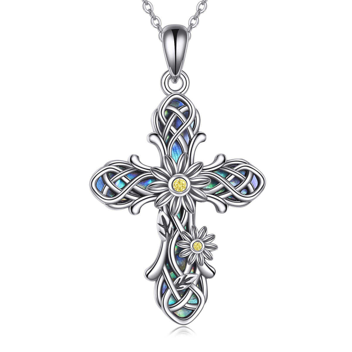 Collar con colgante de plata de ley con diseño de girasol y cruz con nudo celta para mujeres y hombres-1