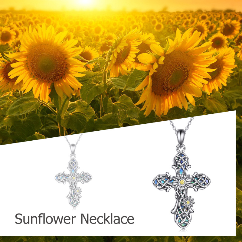 Collana con ciondolo a forma di girasole e croce in argento sterling con abalone, per donna e uomo-3