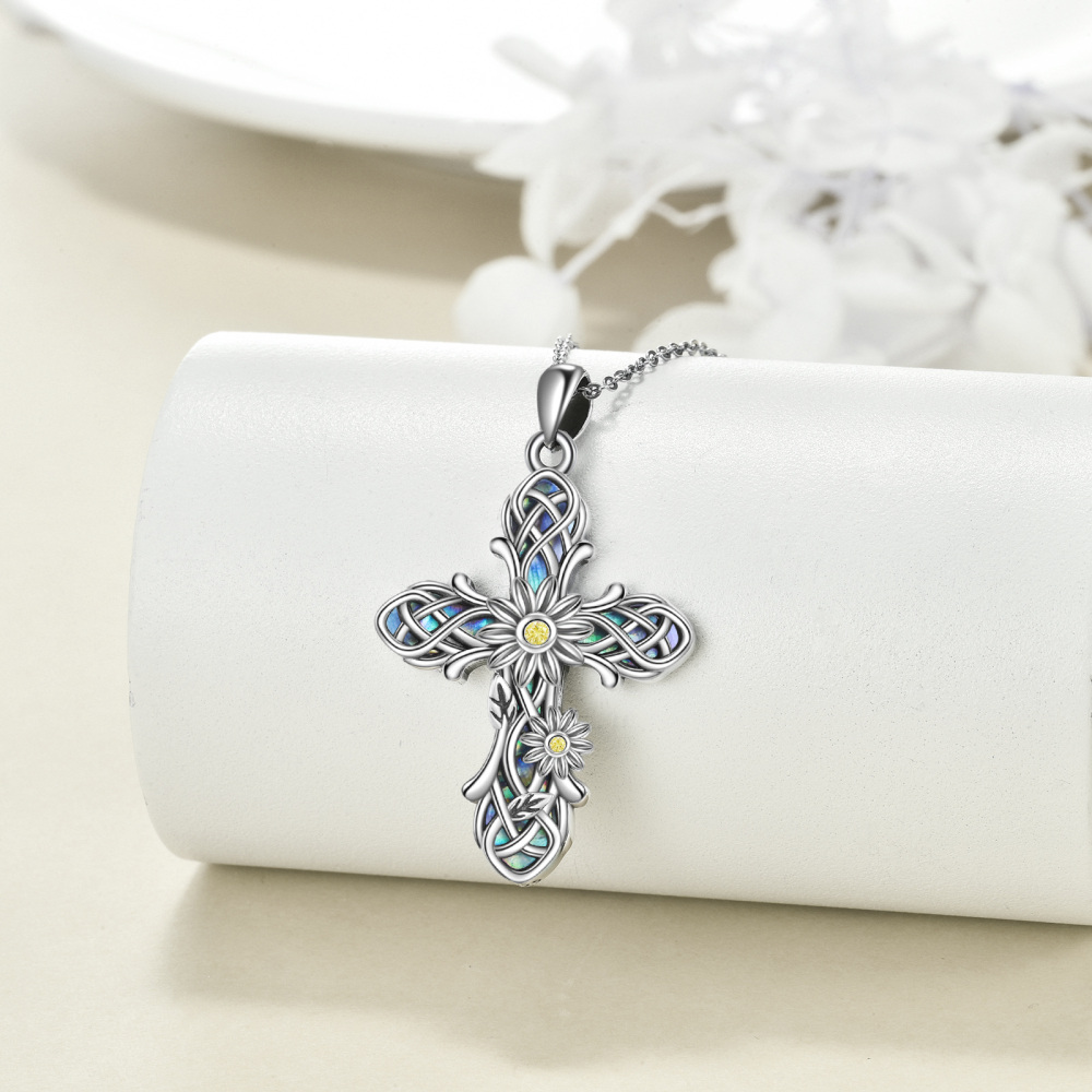 Colar com pingente de nó celta, girassol e marisco abalone em prata esterlina para mulheres e homens-4