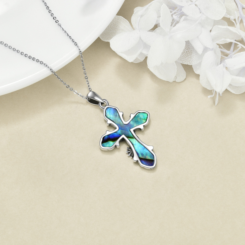 Collana con ciondolo a forma di girasole e croce in argento sterling con abalone, per donna e uomo-5