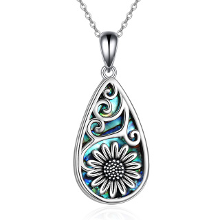 Sterling Silver Abalone Shellfish Sunflower & Drop Shape Pendant Necklace-5