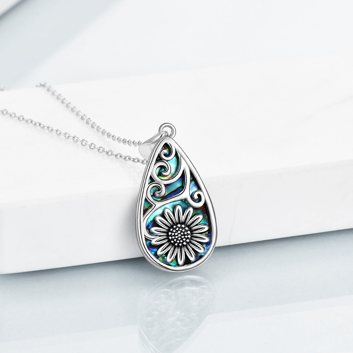 Sterling Silver Abalone Shellfish Sunflower & Drop Shape Pendant Necklace-3