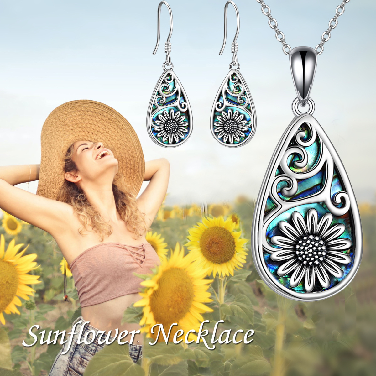 Sterling Silver Abalone Shellfish Sunflower & Drop Shape Pendant Necklace-5