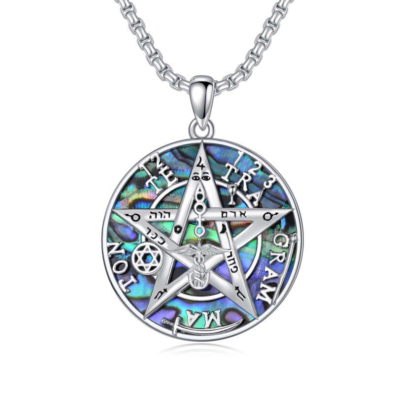Sterling Silver Abalone Shellfish Tetragrammaton Pentagram Pendant Necklace for Men-10