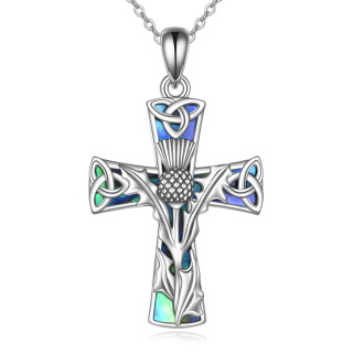 Sterling Silver Abalone Shellfish Thistle & Cross Pendant Necklace-24