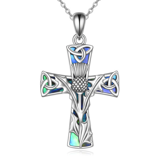 Sterling Silver Abalone Shellfish Thistle & Cross Pendant Necklace