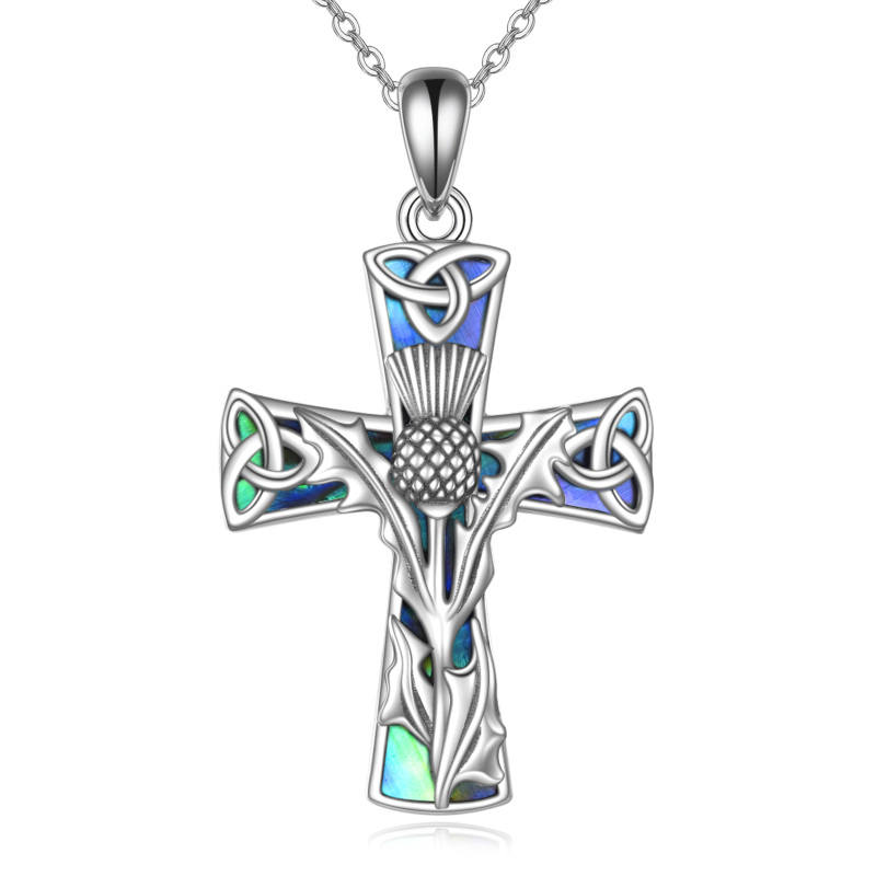 Sterling Silver Abalone Shellfish Thistle & Cross Pendant Necklace-4